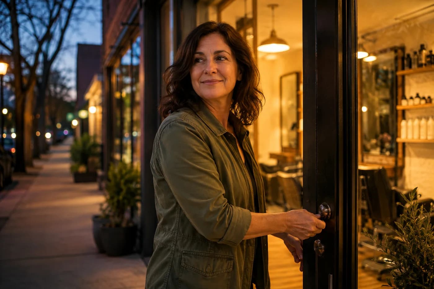 A salon owner locking up her shop and heading home at dusk