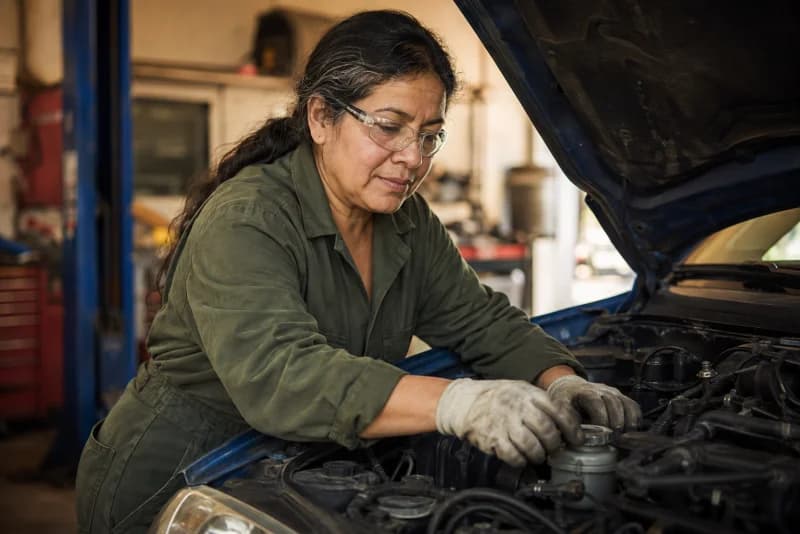 An auto mechanic working on a car in her repair shop