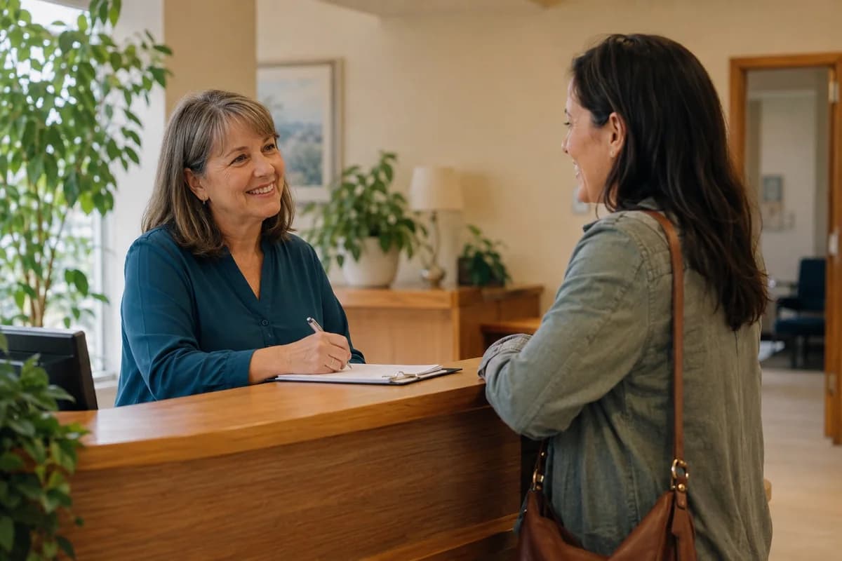 Reception staff welcoming a visitor at a small local clinic