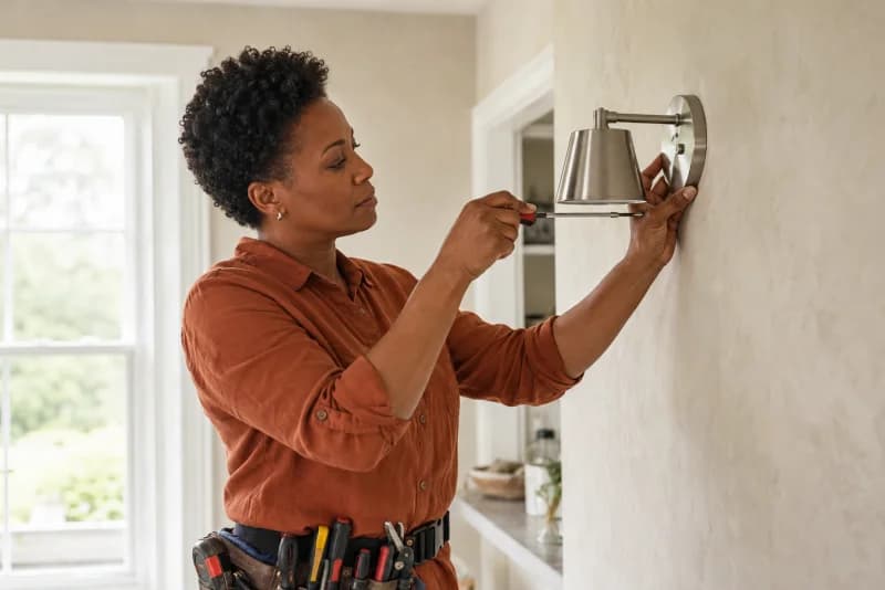 An electrician installing a wall light