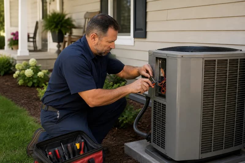 An HVAC technician servicing an outdoor air conditioning unit