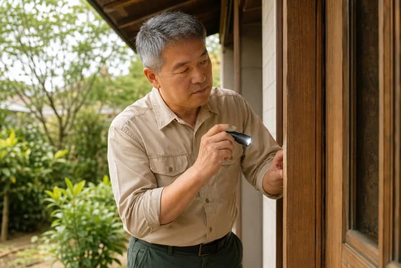 A pest control specialist inspecting a wooden door frame