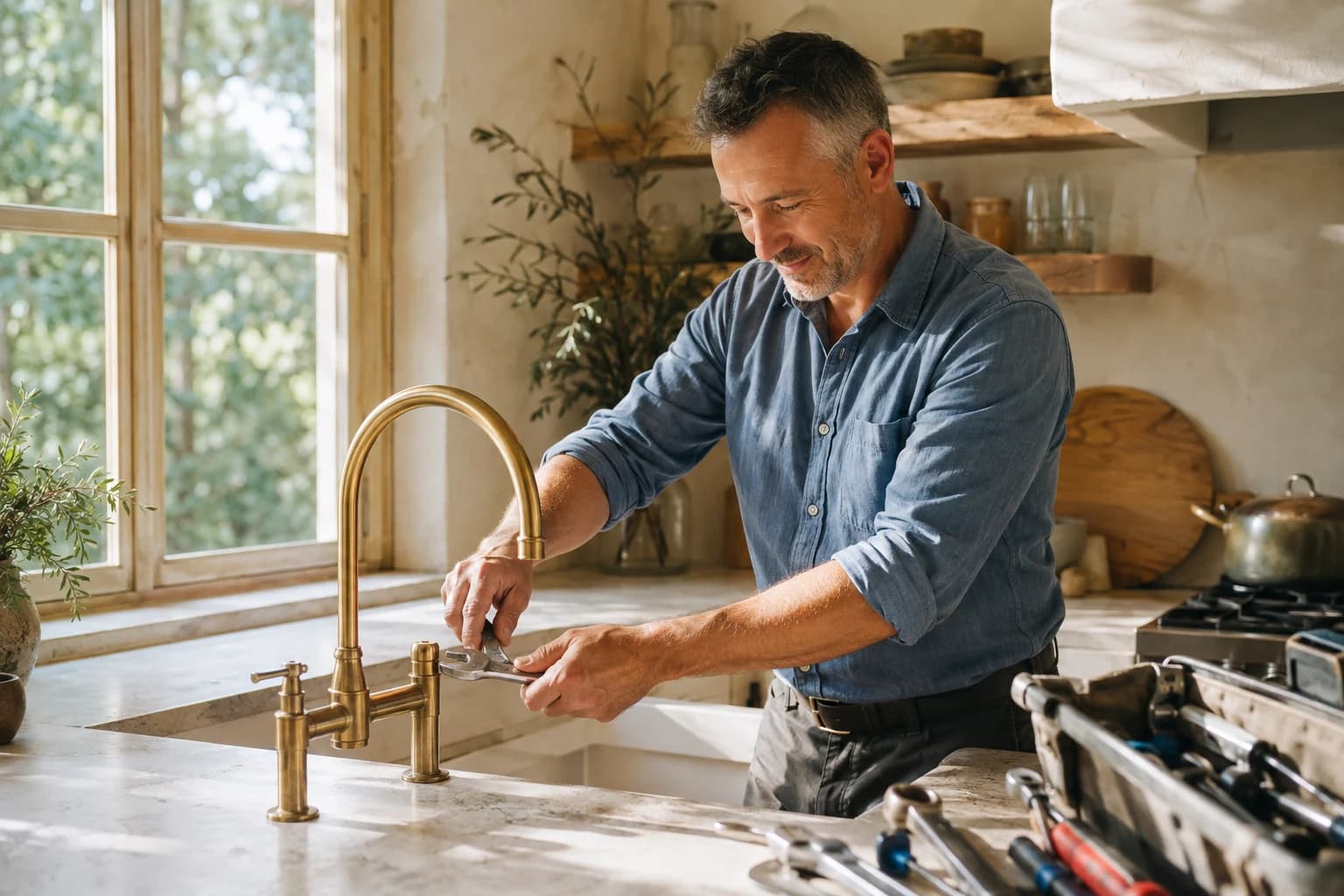 A plumbing business owner working on a kitchen faucet