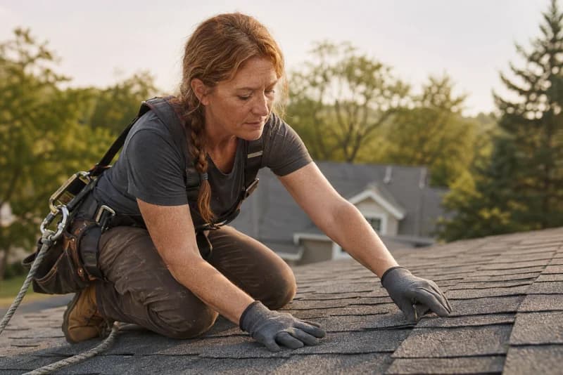 A roofer inspecting a residential shingle roof