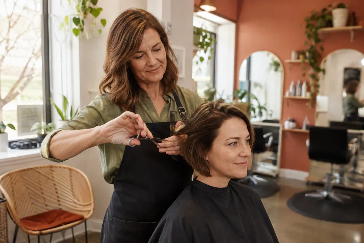 A salon owner giving a customer a haircut in a warm, welcoming salon